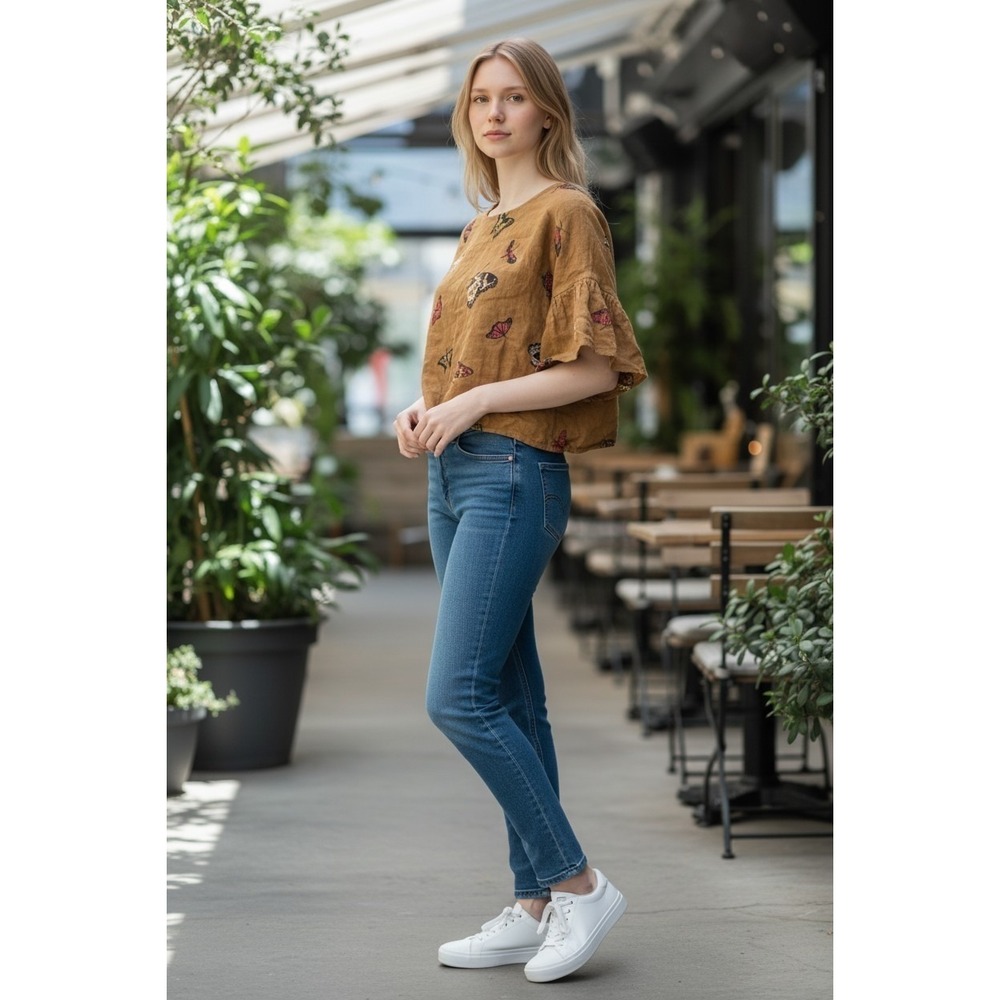 Viola Borghi Italy Linen Ruffle Sleeve Top Blouse sz M Butterfly Print Brown